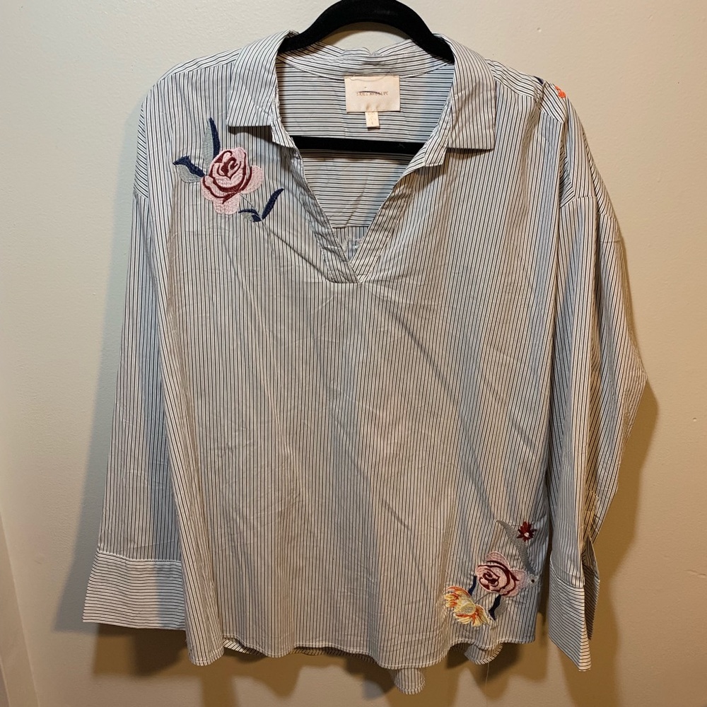 Stripe Floral Embroidery Blouse - Size Large